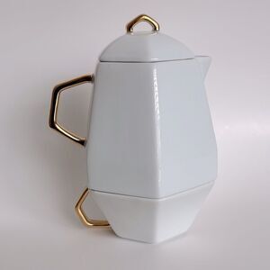 CB2 White Hexagonal Stacking Teapot Cup Gold Trim Tea For One